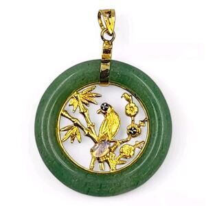 Vintage Jade Eternity Circle Gold Tone Opal Bird Scene Necklace Pendant
